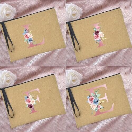 Rose Alphabet A-Z Womens Linen Casual Clutch Cosmetic Bag Reusable Wrist Bag Fashion Travel Harajuku Makeup Handbag Zipper