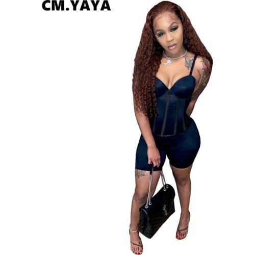 CM.YAYA Women Set Solid Zipper Sleeveless Strap V-neck Tops Stretchy Shorts Two 2 Piece Sets Sexy Tracksuit Outfits Summer 2021