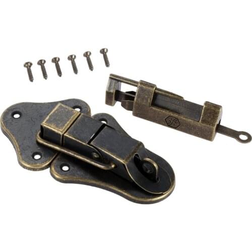 2pcs/1set Latch Buckle + Lock&Key Wood Jewelry Box Hasp Decor Pattern Carved Antique Bronze Retro Wine Case Old Chinese Big Size