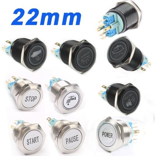 22mm Customizable symbols metal Oxide black/Brass plating push button switch lamp LED flat Latching/Momentary fans light for car