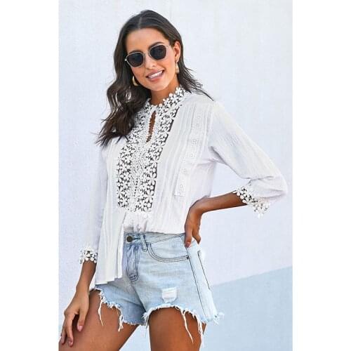 White Lace Shirts Womens Spring Top 2021 New Single-Breasted Lace Hollow White Temperament Solid Color Shirt Ladies Clothes
