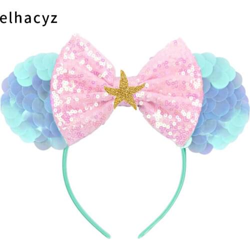 Big Glitter Reversible Sequins Mouse Ears Bow Headband Girls Mermaid Hairband Kids Hair Accessories Women Party Head Wear New