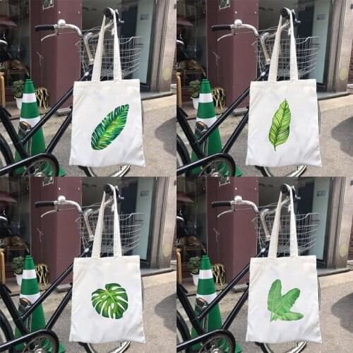 Banana Leaf Printed Canvas Shopping Bags Women Reusable Shoulder Bag Foldable Storage Bag Large Capacity Casual Organizer Pouch
