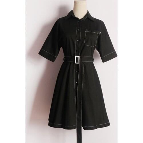 PERHAPS U Black Red Turn Down Collar Button Sash Short Sleeve Mini Dress Casual Vintage Elegant Solid Summer Women Female D1243