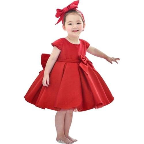 2021 Newbaby Girl Party Dress Red Big Bow Open Back Satin Silk Infant Toddler New Born Dresses 12 Months Anniversary Outfit