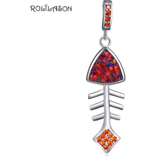 ROLILASON New Fish Bones Charm Pendant Orange Crystal Orange Opal Silver Pendant Fashion Jewelry OPS716
