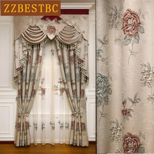 Beige European luxury 3D embossed blackout curtains for living room windows High quality jacquard curtain for bedroom/ hotel