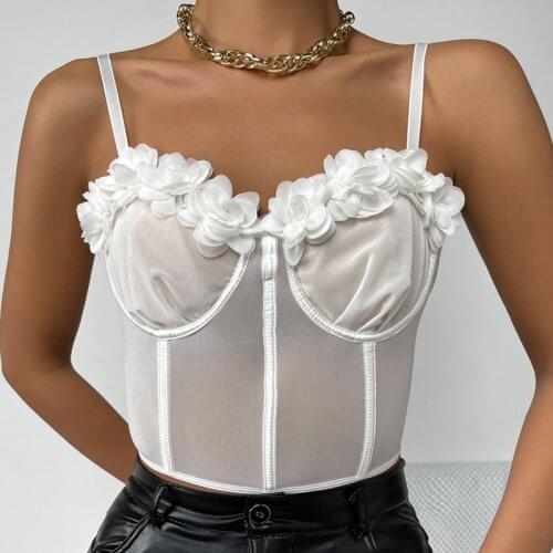 2021 Women Crop Cami Tops Sexy Sleeveless Spaghetti Strap Sheer Mesh 3D Floral Camisole for Dancing Raves Music Festivals Party