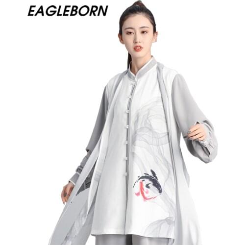 Traditional Chinese Clothing for Women Tai Chi Uniform Kung Fu Uniform Set Splash Ink Fish Tai Chi Diagram Landscape Painting