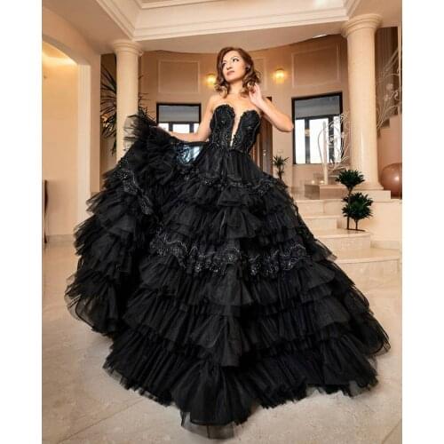 Black Evening Dress Bow Sweetheart Lace Appliques Sequined Beads Backless Tiered Floor Length Elegant Party Prom Gown New