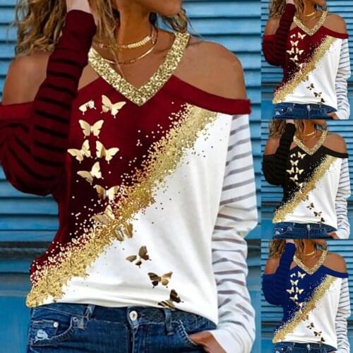 Long Sleeve V Neck Women Blouse Skin-friendly Off Shoulder Butterflies Print Autumn Blouse Pullover Top