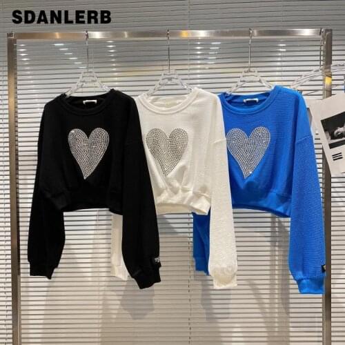 Women Long Sleeve Sweatshirt Top 2021 Autumn Loose Hoodies New Large Particle Heart Shape Rhinestone Pattern Short Pullover