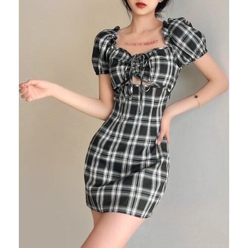 MODX 2021 Women Puff Short Sleeve Plaid Print Dress Fashion Neck-mounted Hollow Out Sexy Party Outfits Mini Bodycon Streetwear
