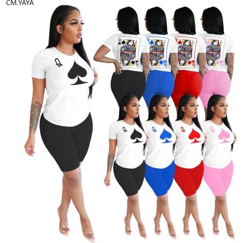 CM.YAYA Women Set Two Pieces Set Tracksuit Black Queen Poker Card Tee Tops Knee Length Jogger Sweatpant Suit Outfit Matching Set