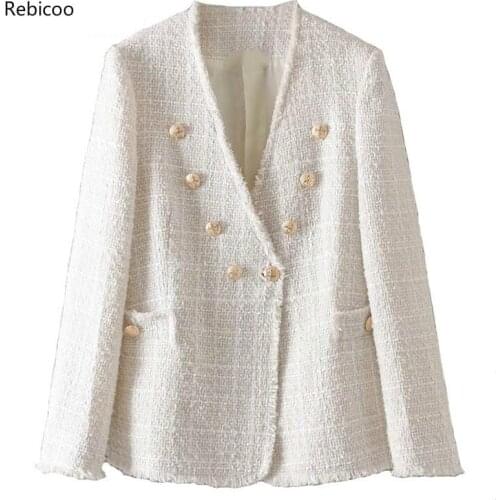 Spring Tweed Twill Jacket Coat Loose Double Breasted Woolen Coat Ladies White Small Suit Jacket V Neck Tassel Tops