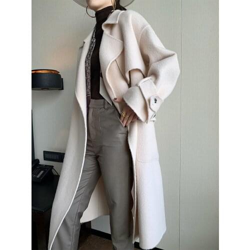 Temperament albaca Alpaca double-sided tweed coat 2021 winter new knee length lace up wool coat