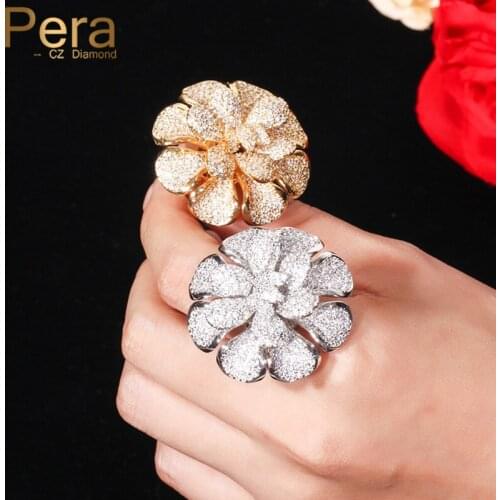 Pera Luxury Big Flower Shape AAA+ Mirco Pave Cubic Zirconia Rings Jewelry Accessories Wedding Party Finger Ring For Women R096