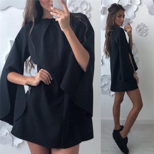Women Ruffled A Line Party Dress Ladies Split Long Sleeve O Neck Elegant Dress 2021Female Autumn Solid Mini Dress
