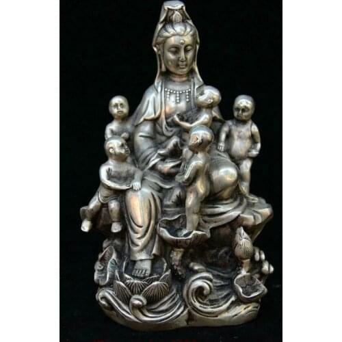7" Chinese Buddhism Silver Five Boy Kwan-yin GuanYin Boddhisattva Goddess Statue