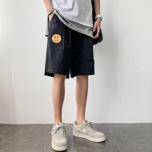 2021 Summer Male New Jean Shorts Loose Casual Breeches South Korean Version Of The Tide Handsome With Straight Bucket Five Pants