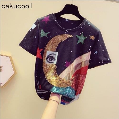 Cakucool Summer Tee tshirt Women Sequined Moon Print Pullover Short Sleeve O neck Chic Girls Tees Pullover Loose T Shirt Femme