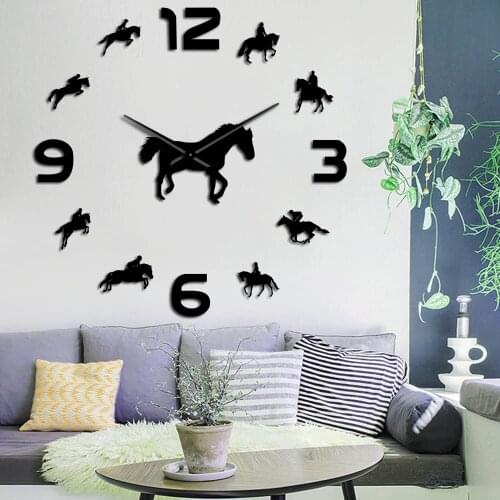 Horse Race Horse Riding Mirror Effect Arylic Clock Equestrianism DIY Quiet Sweep Acrylic Wall Watch Equestrian Morden Home Decor