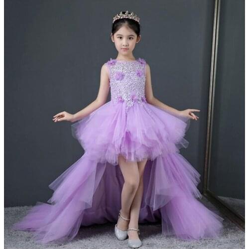 Glizt Long Trailing Kids First Communion Vestidos Girl Pageant Evening Gowns Violet Tulle Floral Flower Girl Dresses For Wedding
