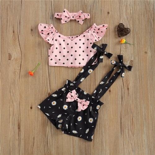 Girs Summer 3pcs Caasual Outfits Suit Fashion Fly Sleeve V-neck T-shirt +Floral Suspender Skirt with Headband Children Clothes