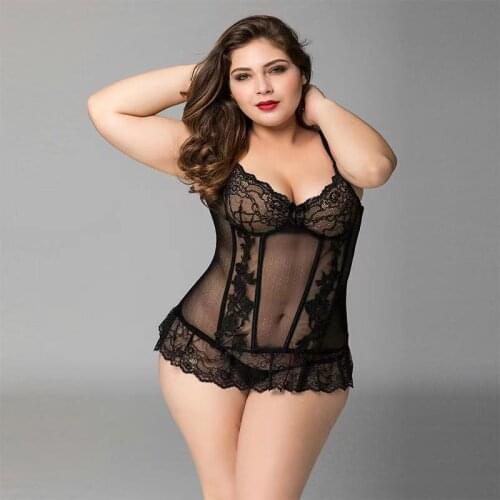 European Hot Style Big Size Let TA Instant Heartbeat of Lace Mesh Sexy Appeal Conjoined Pajamas Highlight Female Temptation