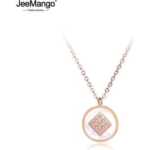JeeMango Mosaic Rhinestone Stainless Steel Choker Necklaces White Shell With Circle Rose Gold Pendant Necklace For Women JN19043