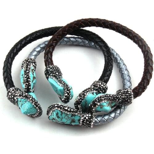 Fashion Handmade Paved Blue & White Stong Leather Cuff Bracelets & Bangles