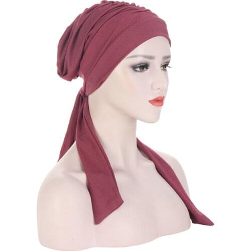Muslim Women Stretch Solid Wrinkle Turban Hat Skullies Beanie Cancer Chemo Pre-Tied Bandana Scarf Headwear Hair Loss Accessories