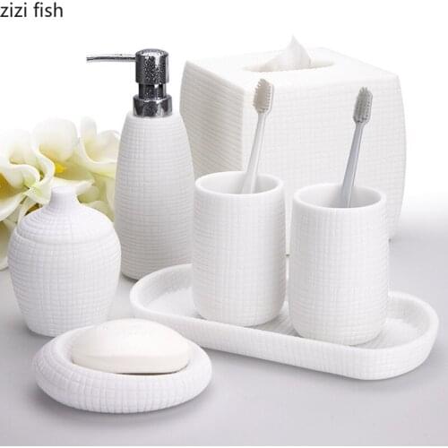 White Resin Bathroom Wash Supplies Bathroom Five Piece Set Cotton Swab Box Lotion Bottle Soap Dish Toothbrush Holder Mouth Cup