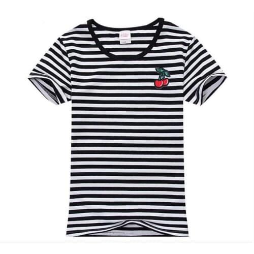 Summer new small fresh fruit embroidery striped loose round neck short-sleeved T-shirt
