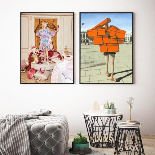 Paris Shopping Girl Wall Art Canvas Painting Fashion Posters and Prints Salon Decoration Wall Pictures for Living Room Bedroom