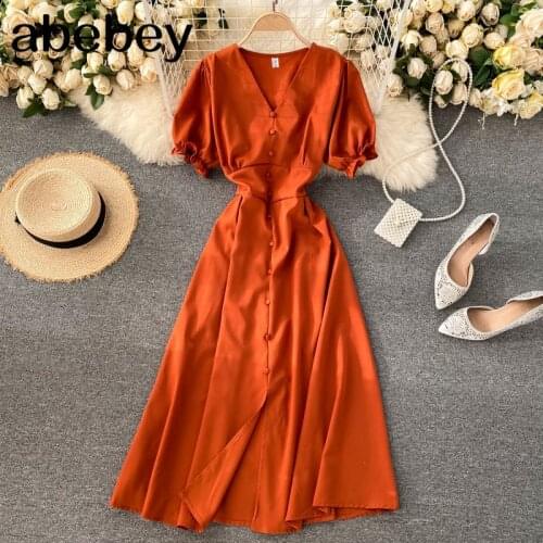 Slim waist button v neck Summer long Dress Women casual puff sleeve sexy split dress Party elegant tunic tie dress