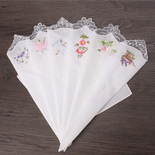 Embroidered Butterfly Lace Flower Hankies 6PCS Vintage Cotton Women Napkin Floral Assorted Cloth Portable Ladies Handkerchief25
