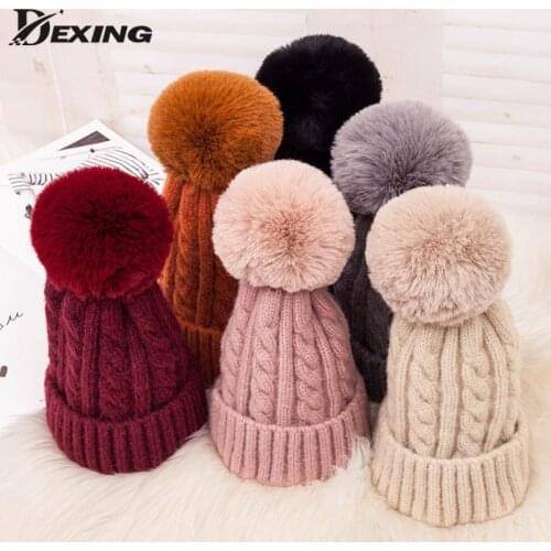 Pink Fur Pompom Winter Hat for Women Girl Thick velvet fleece Knitted Skullies Beanies faux Pom pom Hat Ski bonnet femme