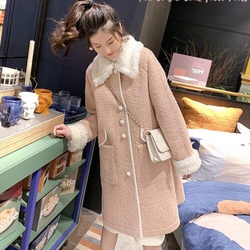 Faux Mink Fur Coat Womens Winter Mid-Length Thickened Contrast Color Doll Collar Single Breasted Sweet Girls Woolen Coat y322