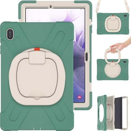 For Samsung Galaxy Tab S7 FE 2021 Silicone Case 12.4 T735 T736B T730 Kids Shockproof Cover with 360 Rotatable Kickstand+ Strap