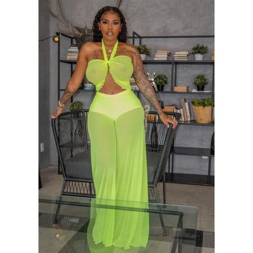 2021 Spring Summer Women Solid Mesh Swimsuits Holiday Beach Style Ladys Halter Tops High Waist Loose Pants Sexy Bathing Suits