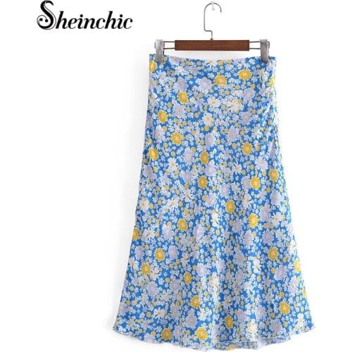 Korean Fashion Elegant Blue Floral Printed Skirts Womens 2021 Summer Vintage High Waist A-line Mini Skirt Female