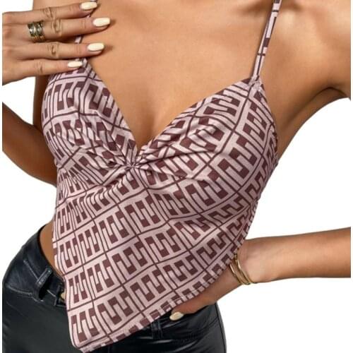 Women Close-fitting Camisole Brown Rhombus Printed Pattern Deep V-neck Tops XS/ S/ M/ L