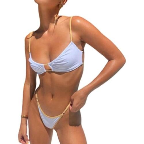2 Pcs Women Sexy Bathing Suits Adults Hollow Out Solid Color Spaghetti Strap Padded Bikini Tops + Thong