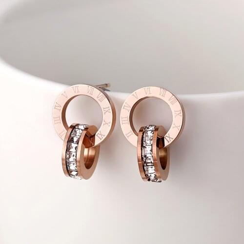 Trendy Roman Number Luxury Square Zircon Inlaid Double Loops Cross No Fade Rose Gold Stainless Steel Stud Earrings For Women