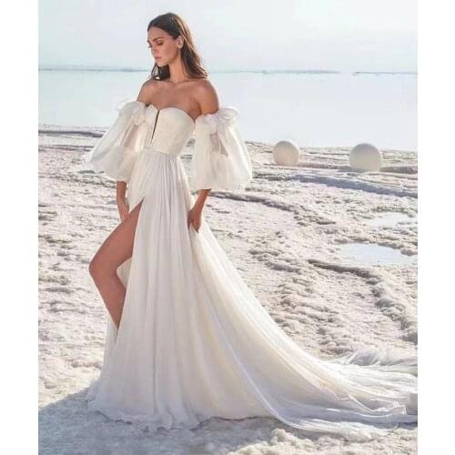 Off Shouder Beach Wedding Dress Boho Elegant Long Sleeves Wedding Gowns Backless Chiffon Bride Dress Robe De Mariee