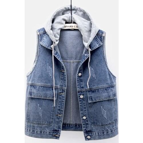 New spring Fashion Short Denim Vest Women Hooded Big pocket Sleeveless Jacket Vintage Jeans Waistcoat Loose Ladies clothes H1204