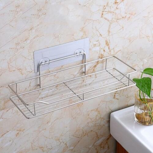 2pcs Stainless Steel Self-Adhesive Sundrie Organizer Shower Shelf Basket Bathroom Shampoo Holder Wall Firm Bathroom Storage Rack