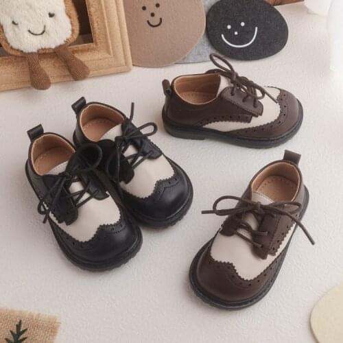 New Childrens Brogue Leather Shoes Lace Up Boys Girls Formal Performance Party Shoes Non-slip Soft Kids Baby School Dress Shoes