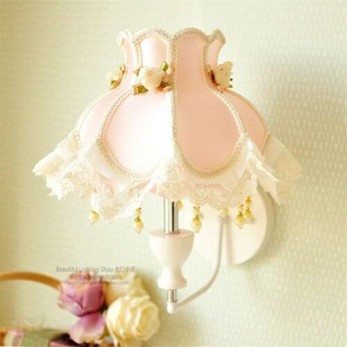 European fabric lace shade wall lamps bedroom living room corridor wall sconces lights pink princess bedside deco lighting